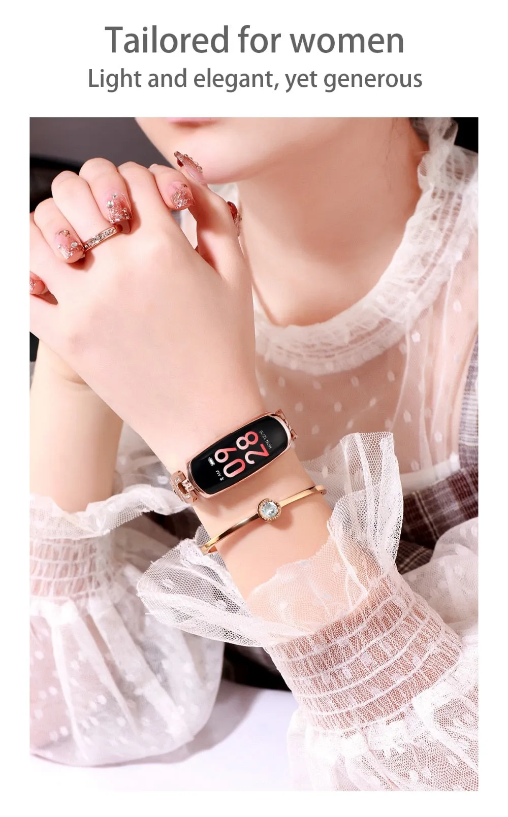 Smart bracelet with 0.96 inch TFT screen showing fitness data, available in Rose Gold, black, and silvery colours, IP67 waterproof design