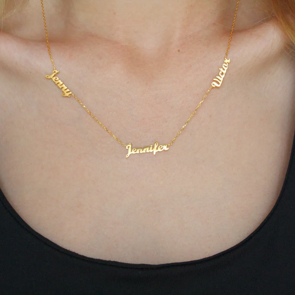 Custom stainless steel name necklace with gold plating, 4x1cm pendant on 40cm O-chain, personalised with three names