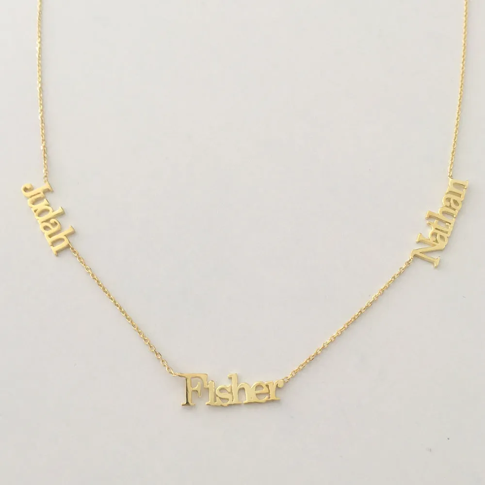 Custom stainless steel name necklace with gold plating, 4x1cm pendant on 40cm O-chain, personalised with three names
