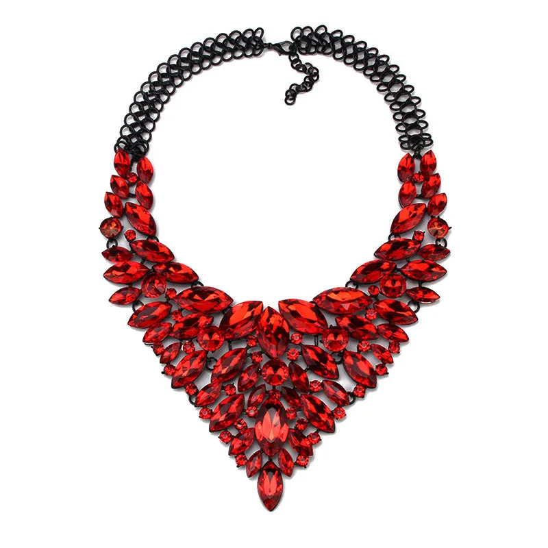 Alloy rhinestone necklace in water drop shape with full diamond inlay on white background