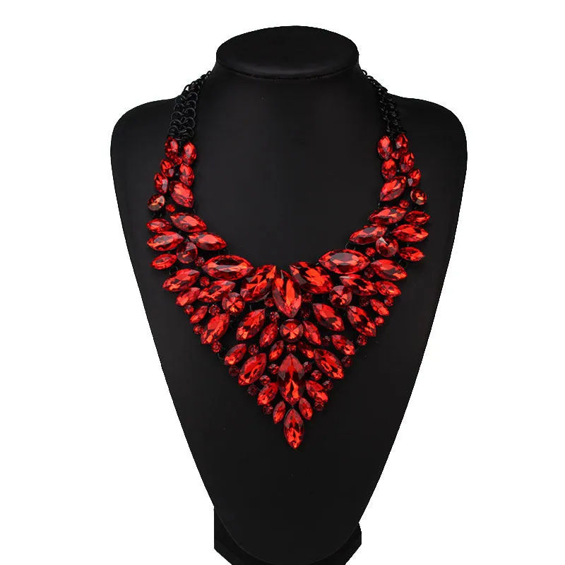 Alloy rhinestone necklace in water drop shape with full diamond inlay on white background