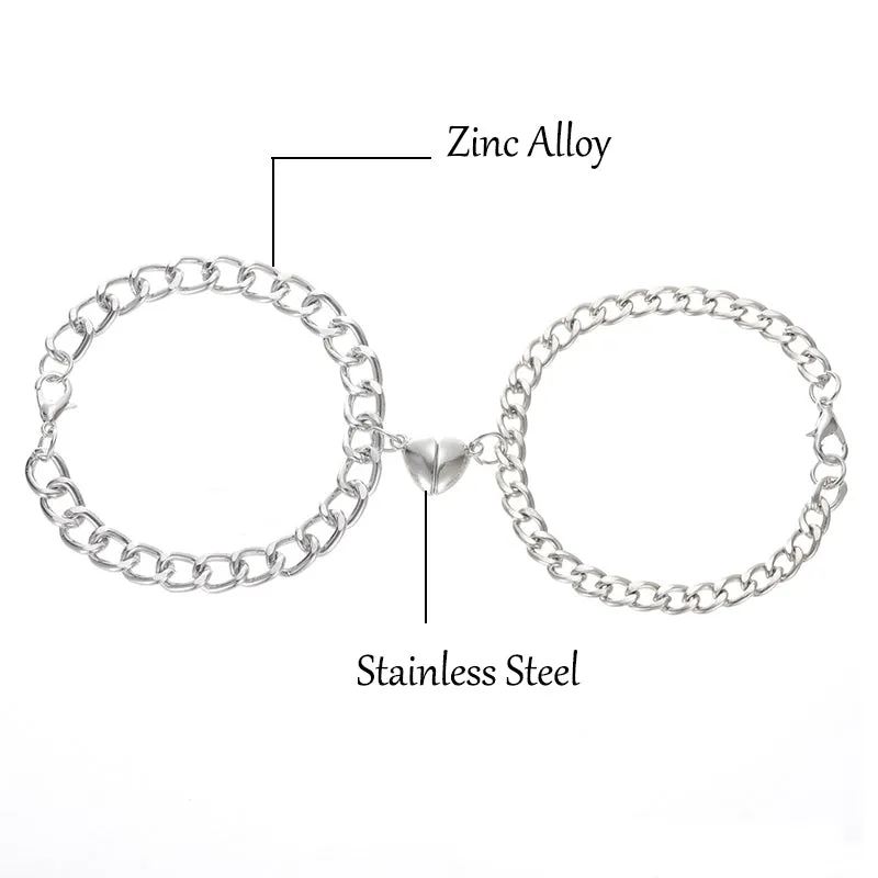 Magnetic couple bracelet set with silver heart charm on stainless steel chain