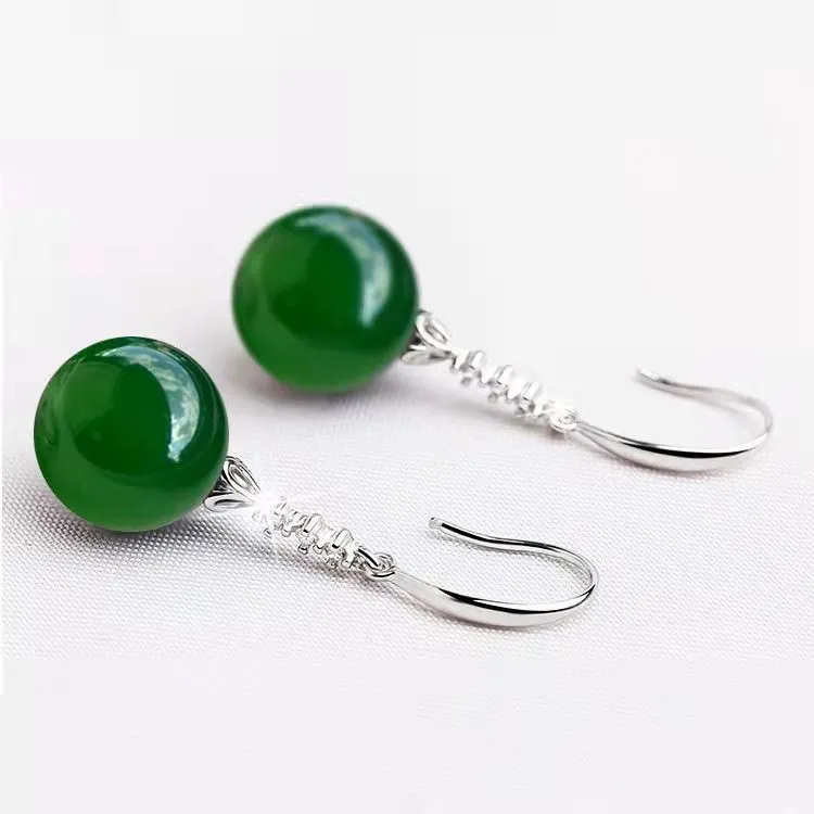 White copper geometric earrings with natural green agate and chalcedony stones in a silver finish