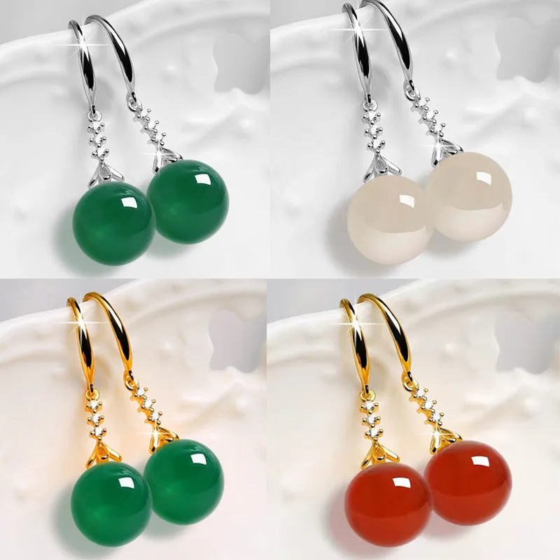 White copper geometric earrings with natural green agate and chalcedony stones in a silver finish