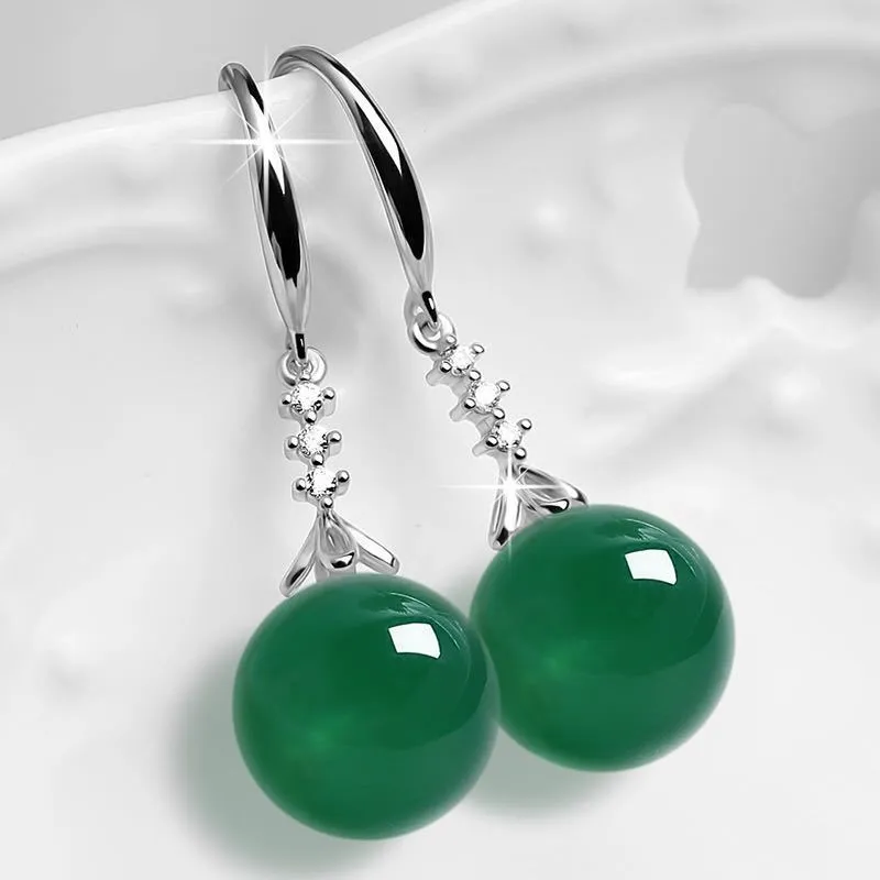 White copper geometric earrings with natural green agate and chalcedony stones in a silver finish