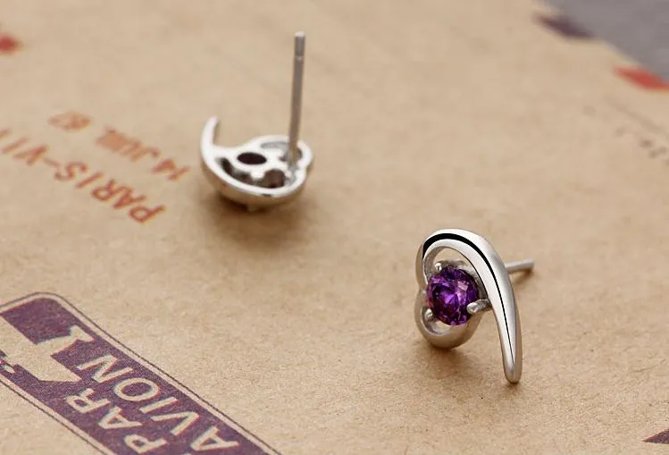 Silver heart-shaped zircon earrings for women, available in purple or white colour, with sterling silver inlay and electroplating finish.