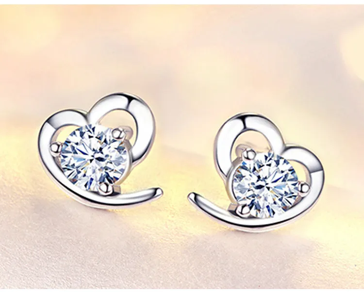 Silver heart-shaped zircon earrings for women, available in purple or white colour, with sterling silver inlay and electroplating finish.