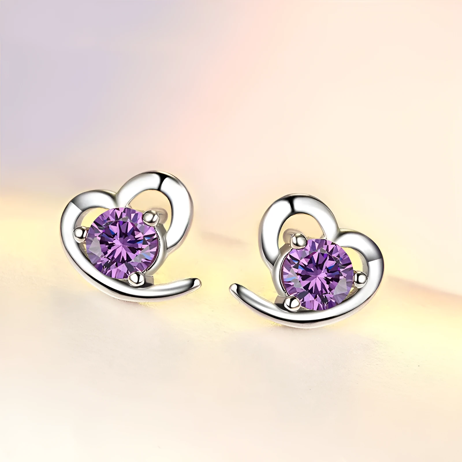 Silver heart-shaped zircon earrings for women, available in purple or white colour, with sterling silver inlay and electroplating finish.