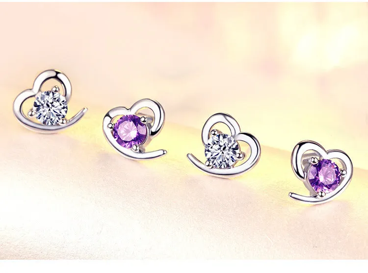 Silver heart-shaped zircon earrings for women, available in purple or white colour, with sterling silver inlay and electroplating finish.