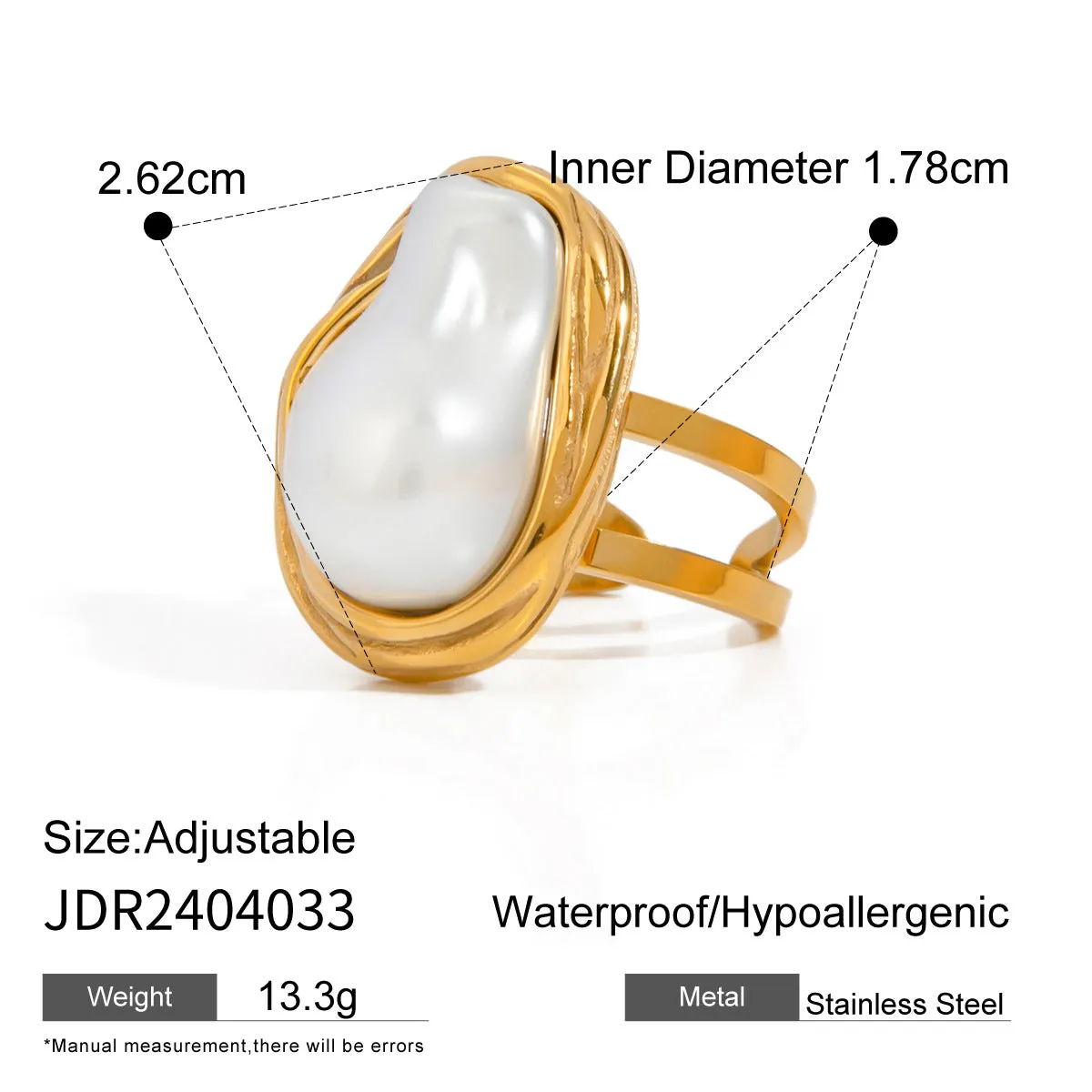Women's stainless steel necklace with irregular mother pearl shellfish pendant on regular chain, with matching earrings and ring