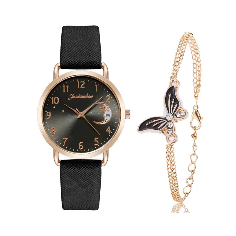 Women's quartz watch with round dial, imitation leather strap, and rose gold pin buckle on a white background.