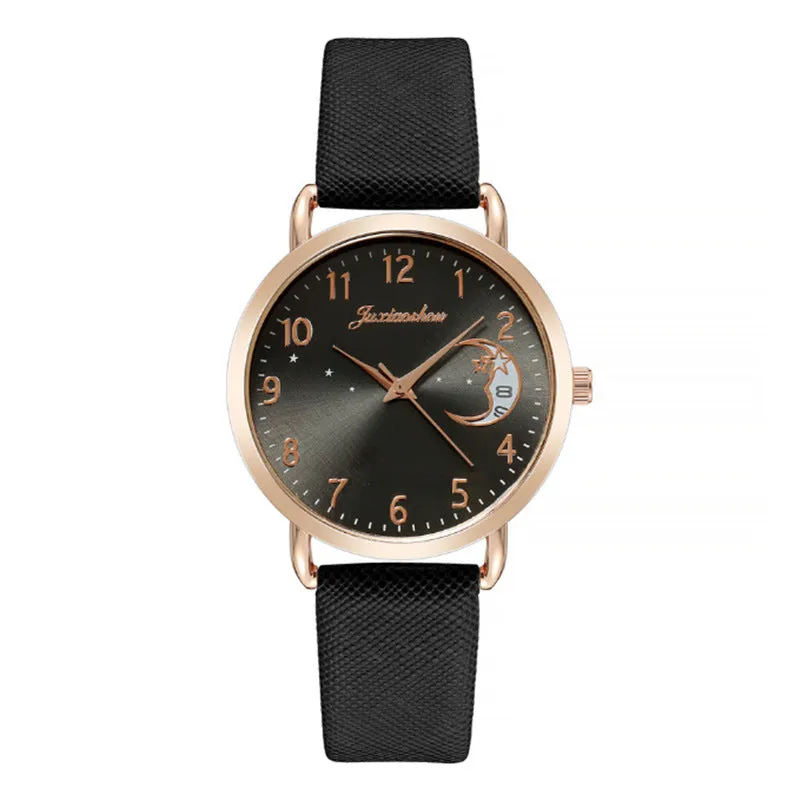 Women's quartz watch with round dial, imitation leather strap, and rose gold pin buckle on a white background.