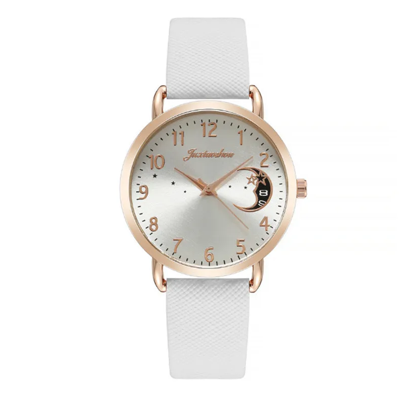 Women's quartz watch with round dial, imitation leather strap, and rose gold pin buckle on a white background.