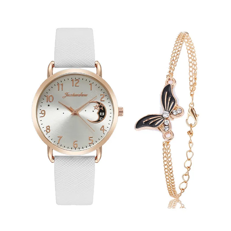 Women's quartz watch with round dial, imitation leather strap, and rose gold pin buckle on a white background.