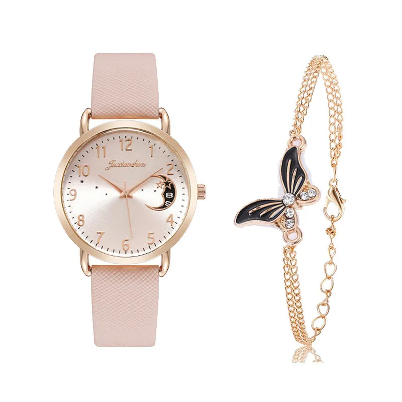 Women's quartz watch with round dial, imitation leather strap, and rose gold pin buckle on a white background.