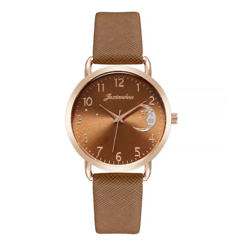 Women's quartz watch with round dial, imitation leather strap, and rose gold pin buckle on a white background.