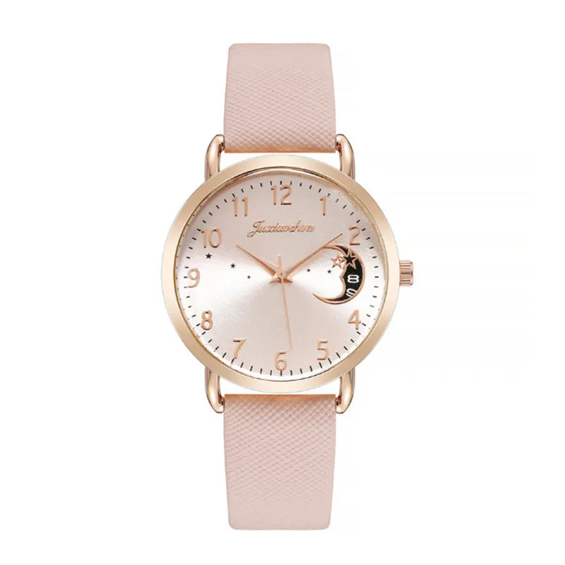Women's quartz watch with round dial, imitation leather strap, and rose gold pin buckle on a white background.
