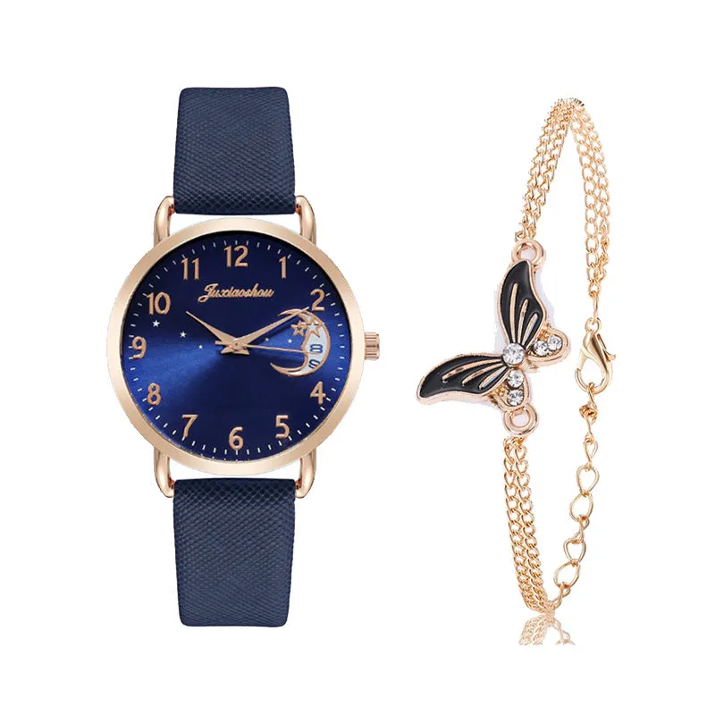 Women's quartz watch with round dial, imitation leather strap, and rose gold pin buckle on a white background.