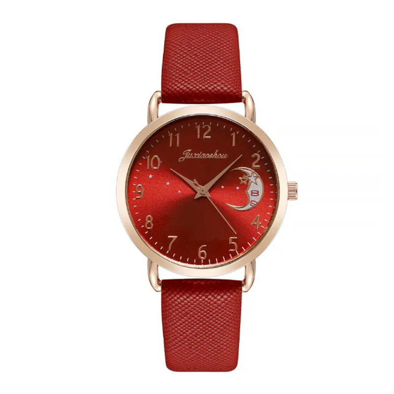 Women's quartz watch with round dial, imitation leather strap, and rose gold pin buckle on a white background.