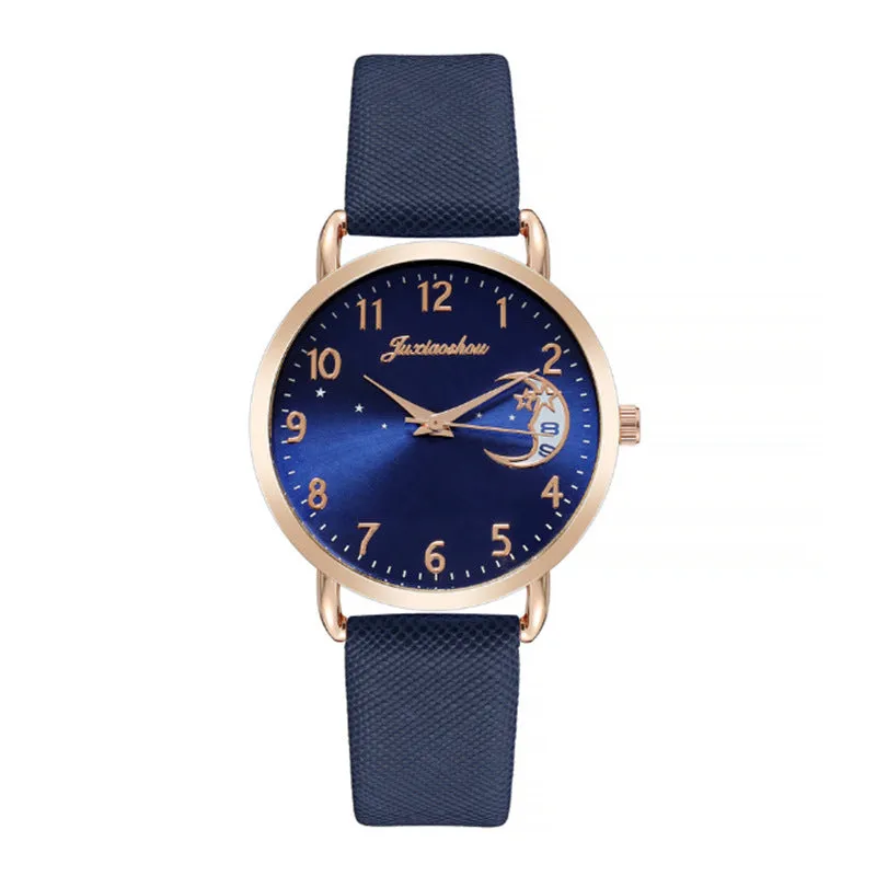 Women's quartz watch with round dial, imitation leather strap, and rose gold pin buckle on a white background.