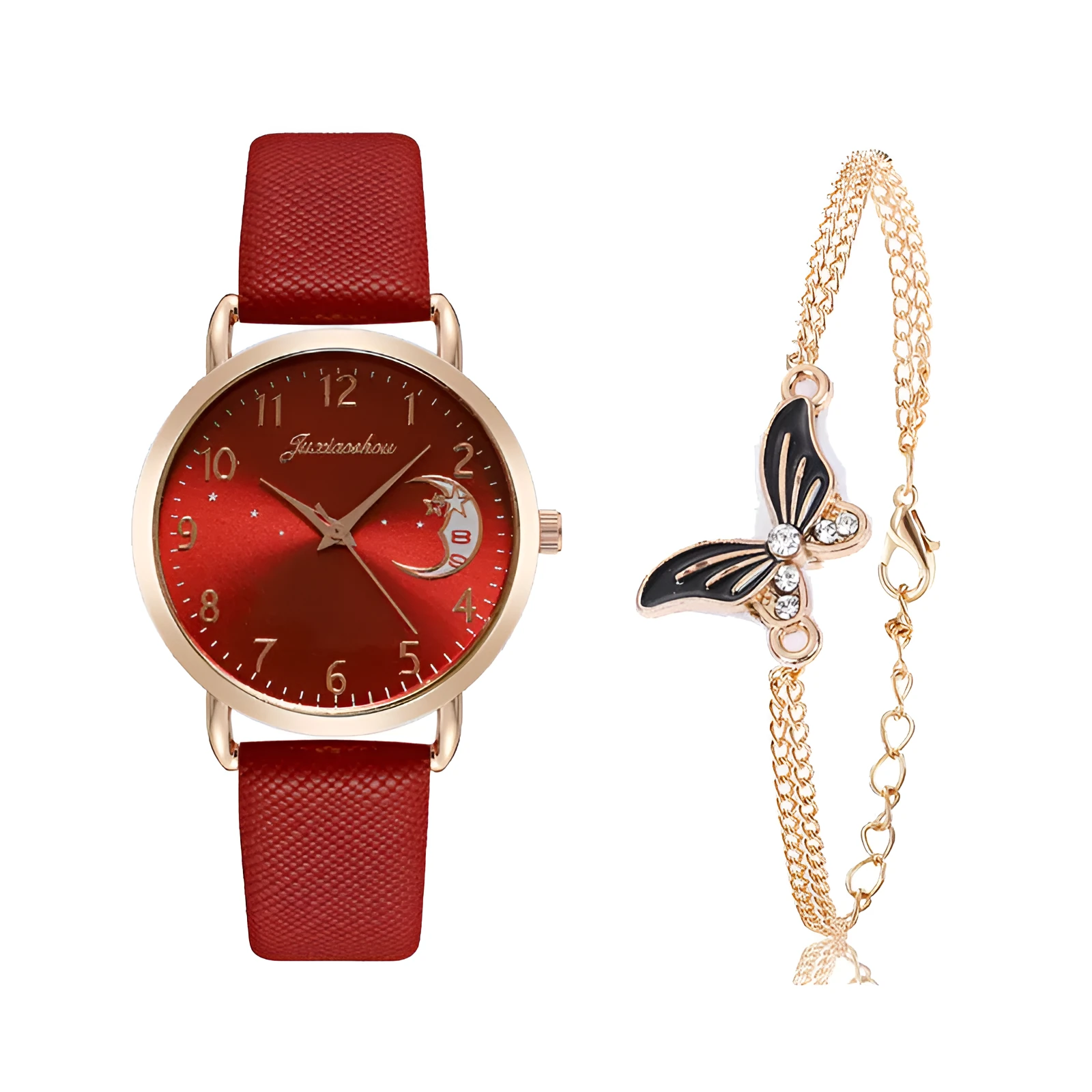Women's quartz watch with round dial, imitation leather strap, and rose gold pin buckle on a white background.