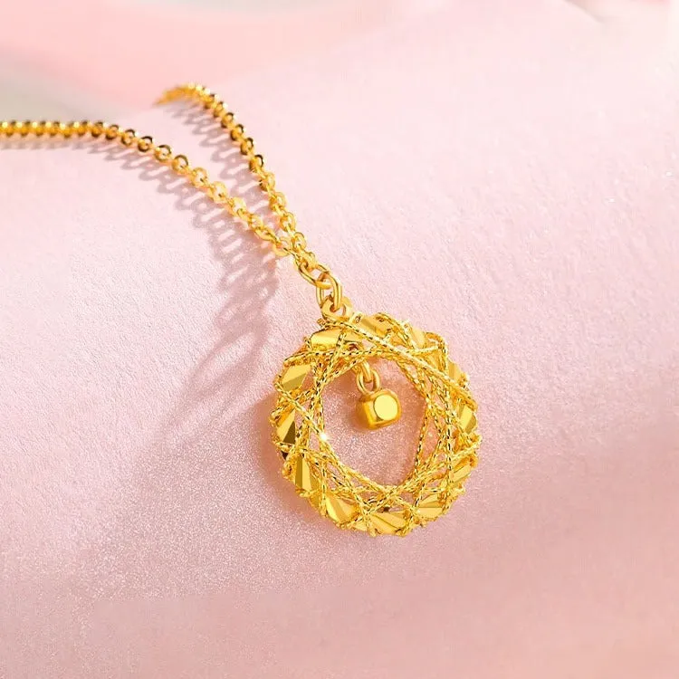 Gold circle net design necklace on a woman, titanium steel geometric pendant with O-chain style