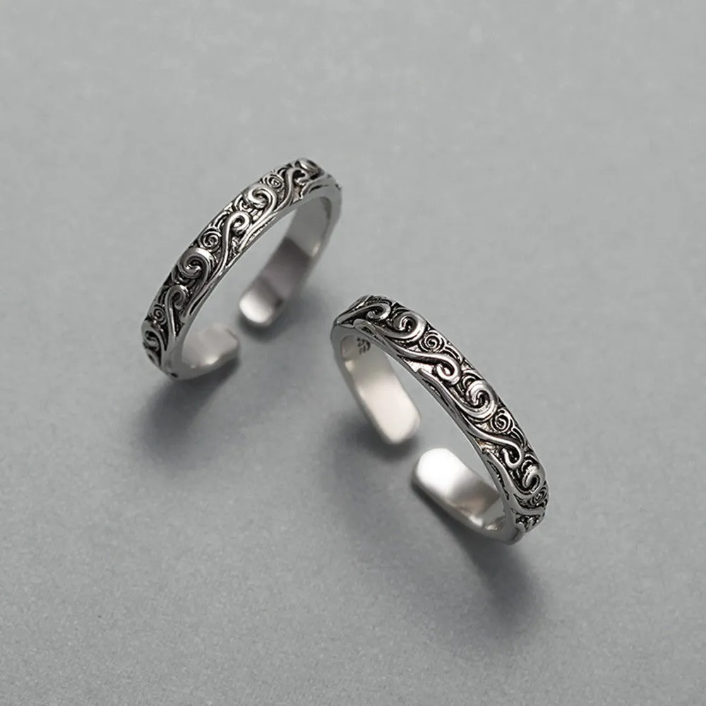 Geometric copper couple ring set with electroplated finish, adjustable opening, for men and women