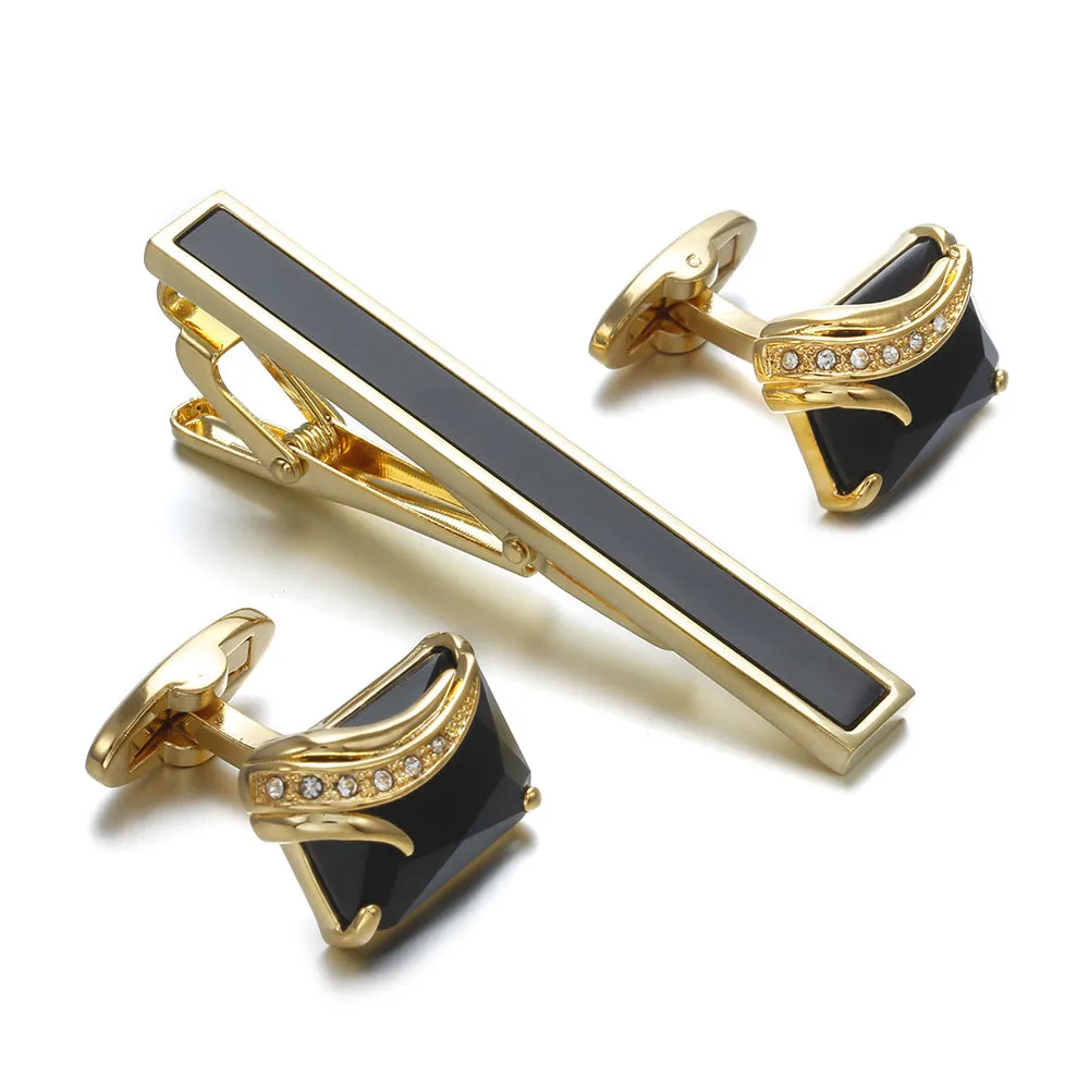 Gold tie clip 60mm and cuff links 18mm set, flat head geometric shape, electroplated copper finish