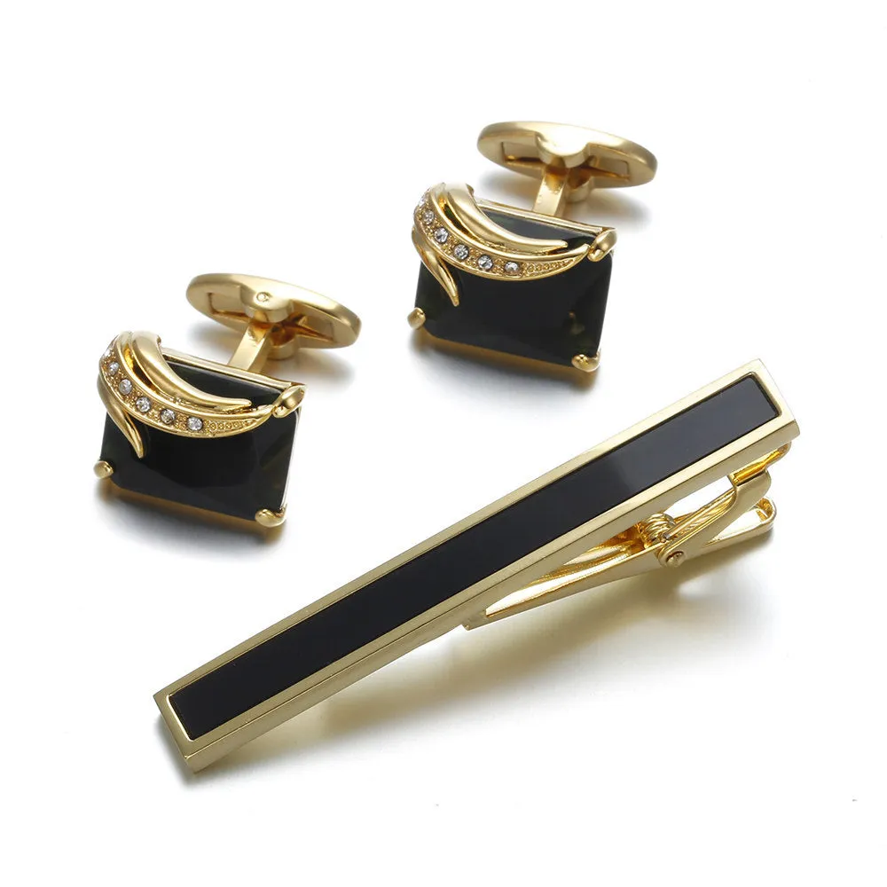 Gold tie clip 60mm and cuff links 18mm set, flat head geometric shape, electroplated copper finish