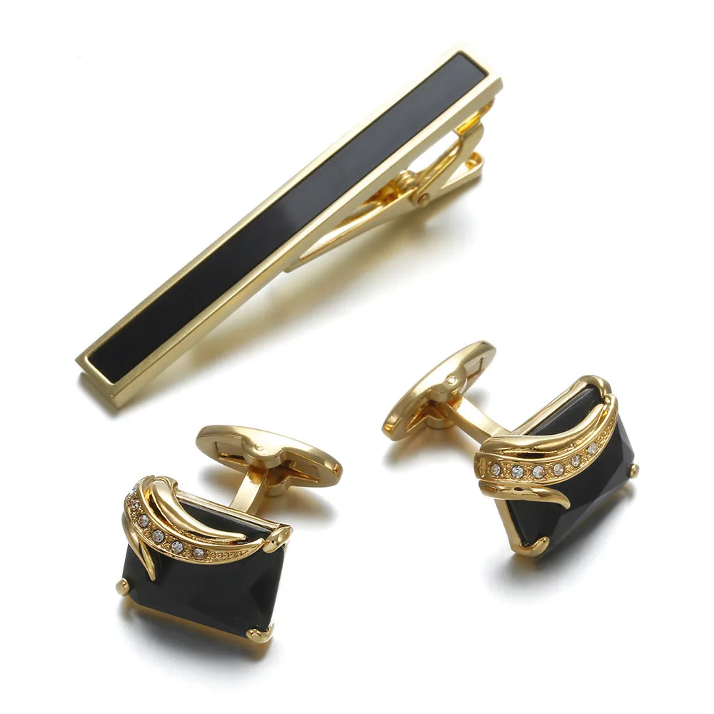 Gold tie clip 60mm and cuff links 18mm set, flat head geometric shape, electroplated copper finish