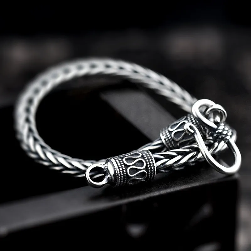 Vintage braided keel 925 silver bracelet for men retro wave style on wrist