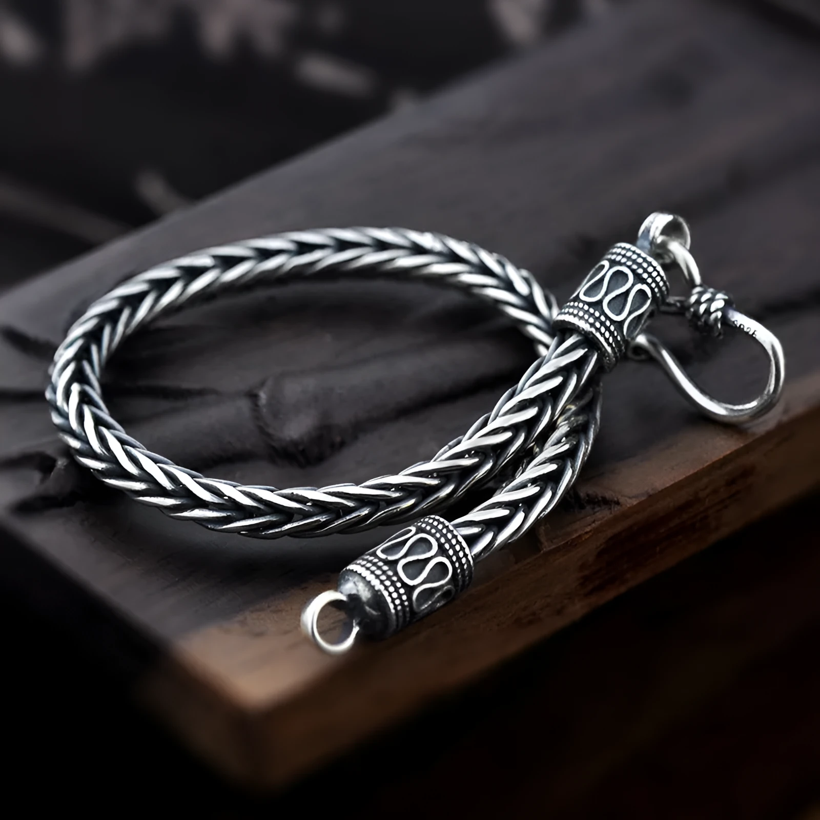 Vintage braided keel 925 silver bracelet for men retro wave style on wrist