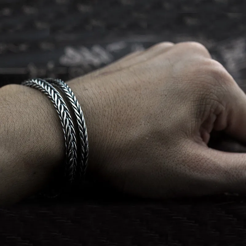 Vintage braided keel 925 silver bracelet for men retro wave style on wrist