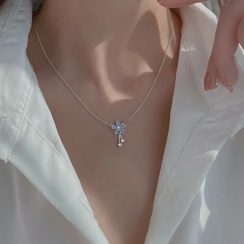 999 sterling silver flower pendant necklace with white nano anti-oxidation finish on adjustable cross chain
