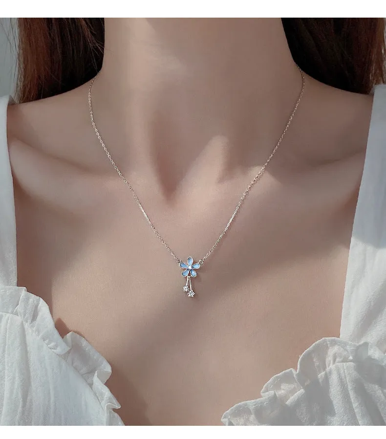 999 sterling silver flower pendant necklace with white nano anti-oxidation finish on adjustable cross chain