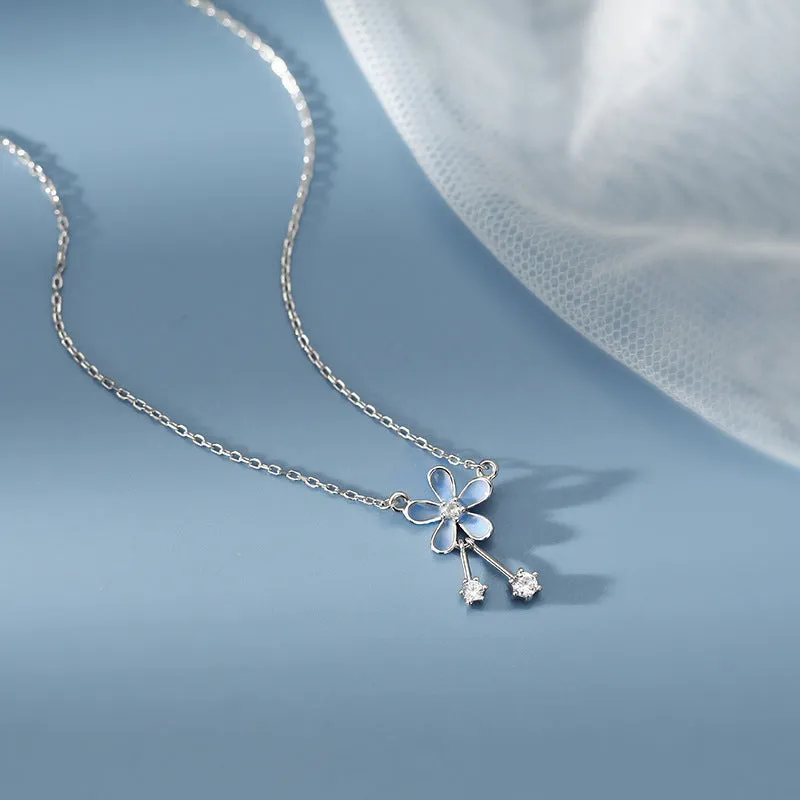 999 sterling silver flower pendant necklace with white nano anti-oxidation finish on adjustable cross chain