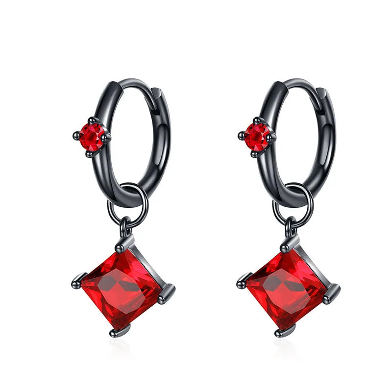 Pair of 925 silver drop earrings with black gold finish, geometric square drill 7mm and 28mm height