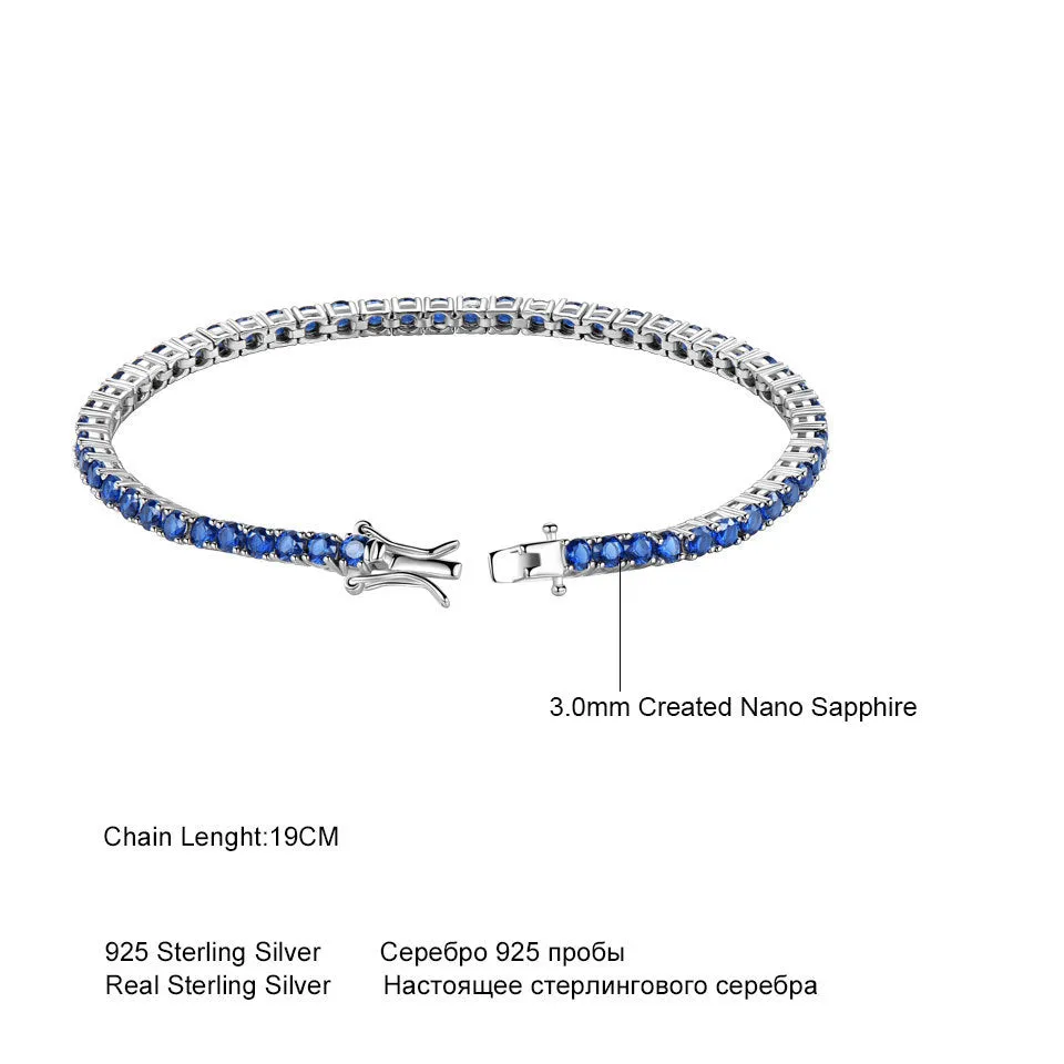 925 sterling silver nano sapphire tennis chain bracelet with drop shape stones on white background