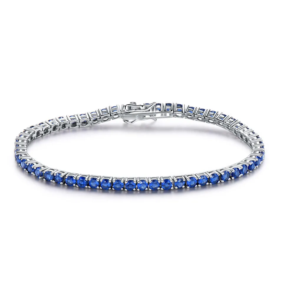 925 sterling silver nano sapphire tennis chain bracelet with drop shape stones on white background