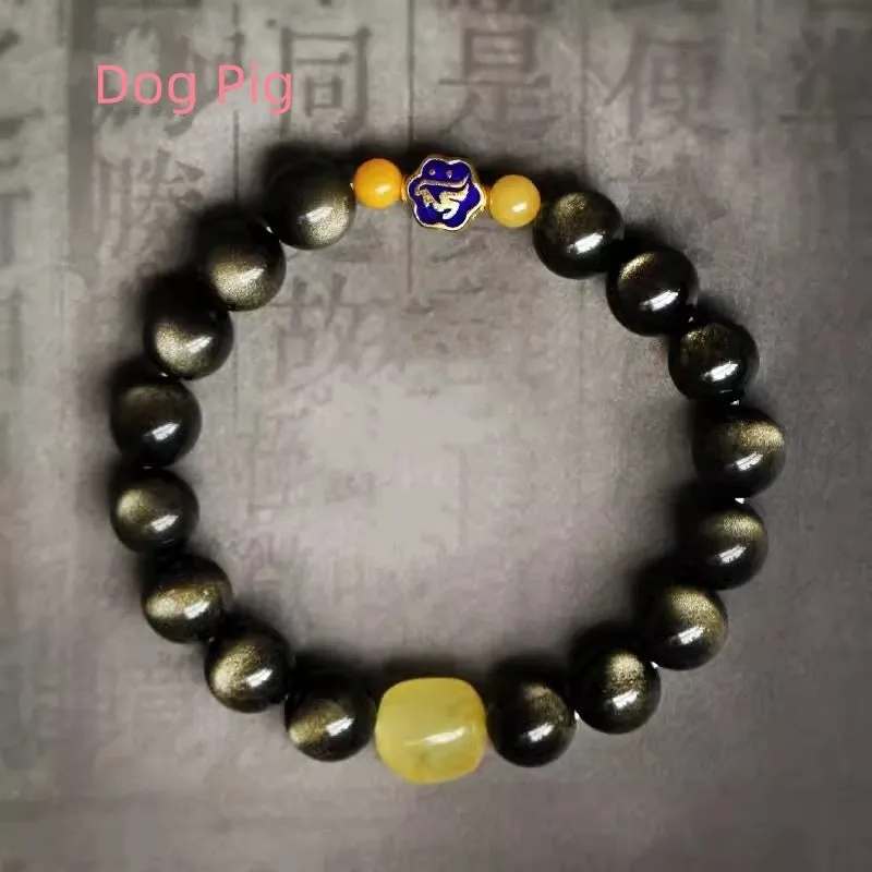 Golden obsidian ethnic bracelet with geometric shape and Chinese zodiac animal charm