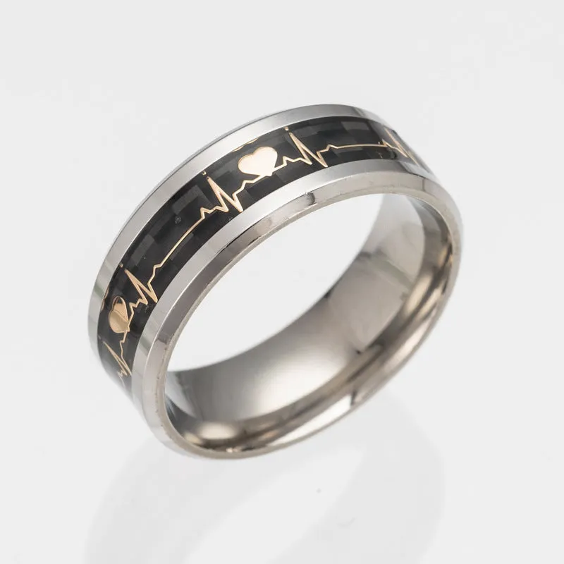ECG couple carbon fibre ring with luminous glow in heart shape on stainless steel base