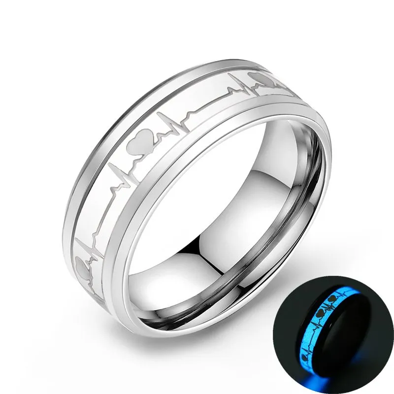 ECG couple carbon fibre ring with luminous glow in heart shape on stainless steel base