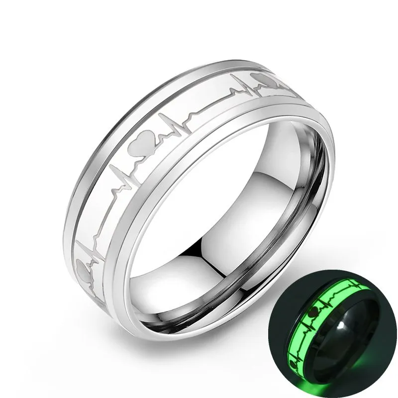 ECG couple carbon fibre ring with luminous glow in heart shape on stainless steel base
