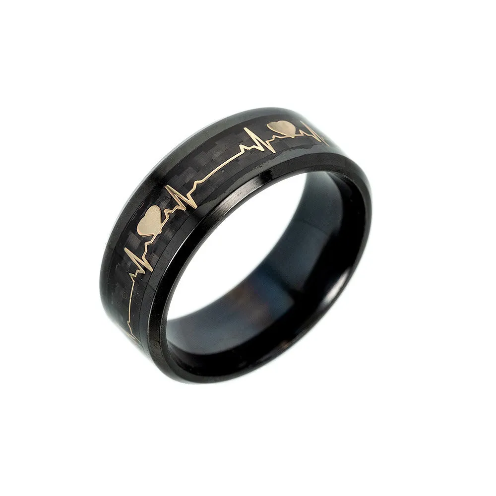 ECG couple carbon fibre ring with luminous glow in heart shape on stainless steel base