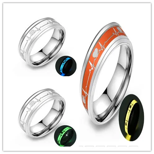 ECG couple carbon fibre ring with luminous glow in heart shape on stainless steel base