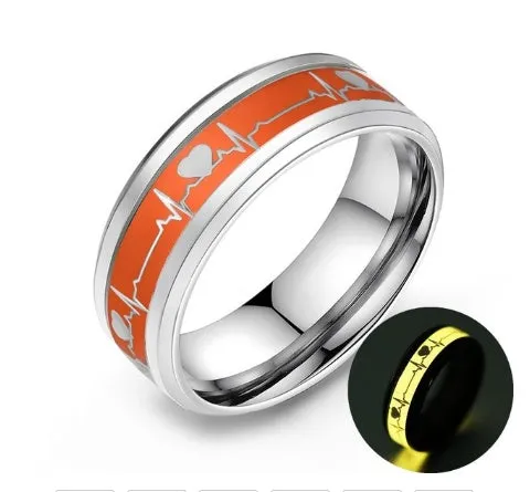 ECG couple carbon fibre ring with luminous glow in heart shape on stainless steel base