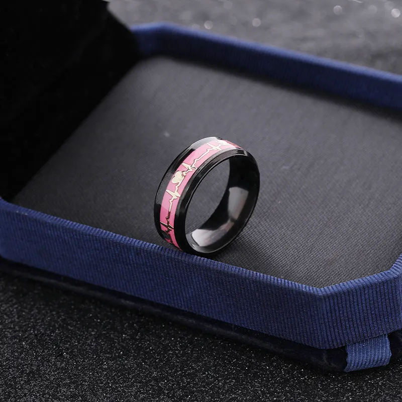 ECG couple carbon fibre ring with luminous glow in heart shape on stainless steel base