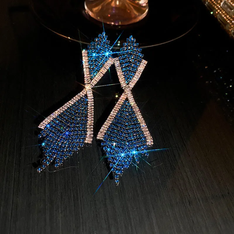 Handmade copper long earrings with rhinestone inlaid geometric claw chain tassel in silver needle-blue