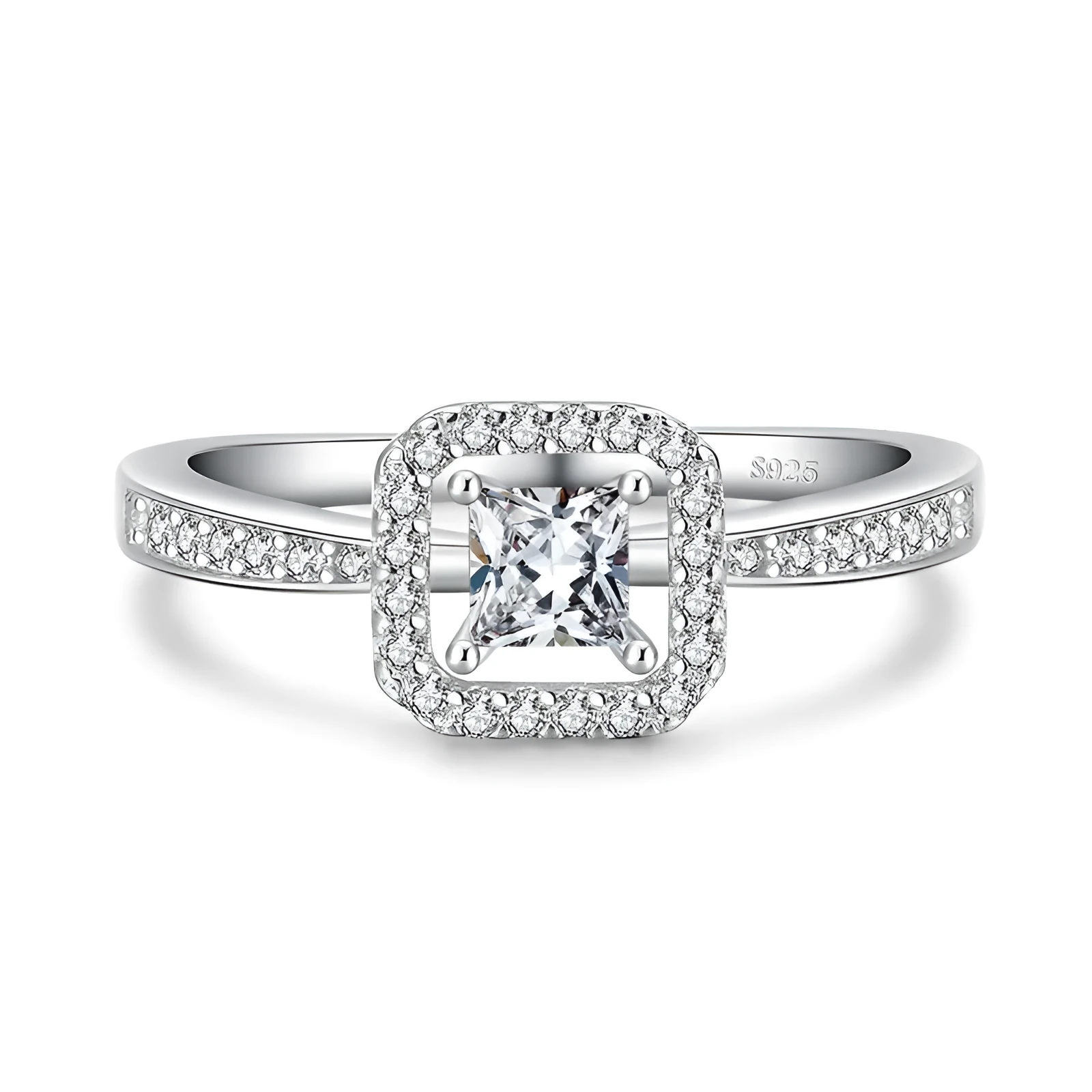 925 sterling silver square hollow ring with synthetic zirconia gem in silver colour, available in sizes 5 to 9
