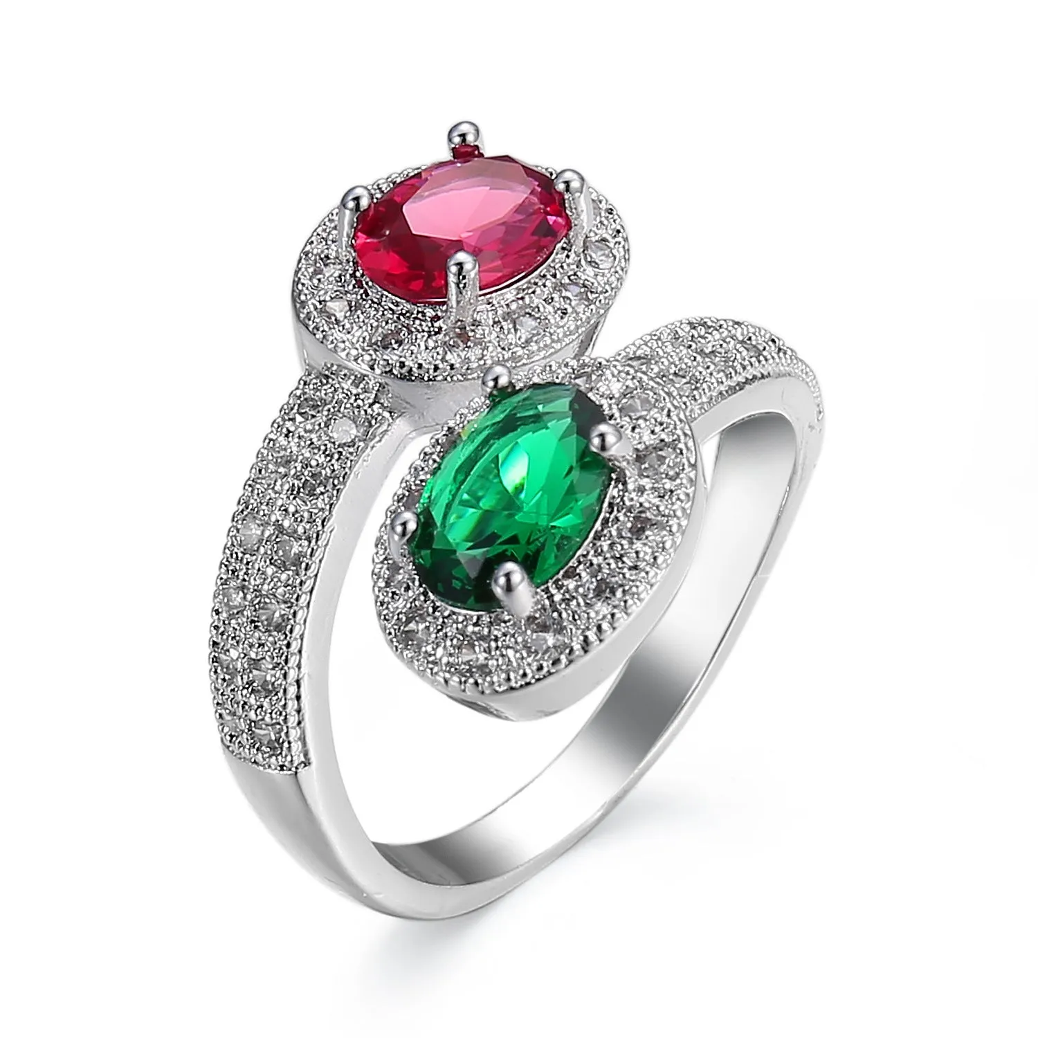 Copper electroplated zircon ring for women in Rose Emerald colour on plain background